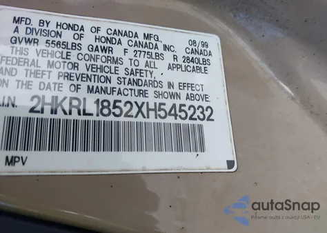1999 Honda Odyssey Lx z USA, uszkodzony, nr VIN 2HKRL1852XH545232